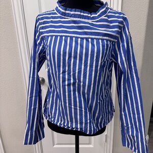 J. Crew Blue and White Boxy Blouse with Mandarin Collar